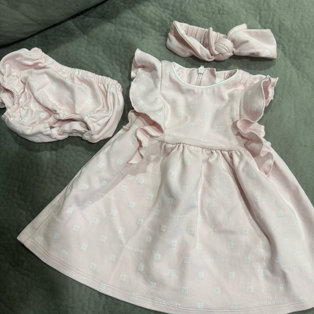 Baby pink givenchy logo dress with headband and panties